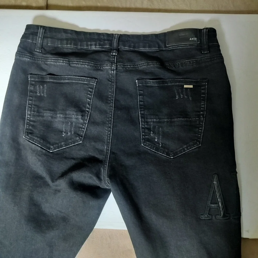 Amiri Mens Distressed Logo Denim Jeans Black Ripped Slim Fit‎ Streetwear 36x34